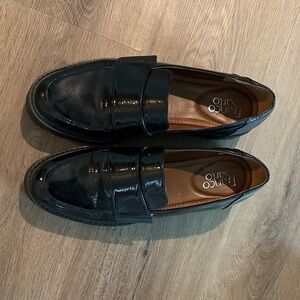 Franco Sarto Black Patent Penny Loafers with Tan Insole